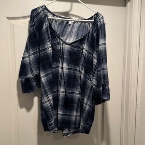 Avenue Navy and White Plaid Blouse